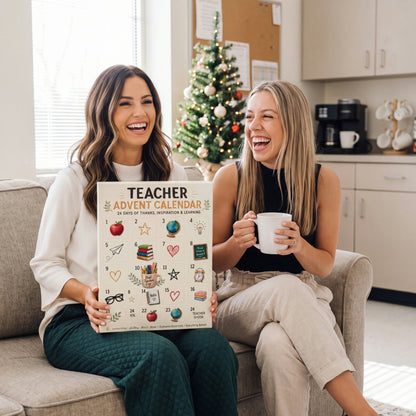 Two teachers laughing with the Teacher Advent Calendar in the teachers lounge