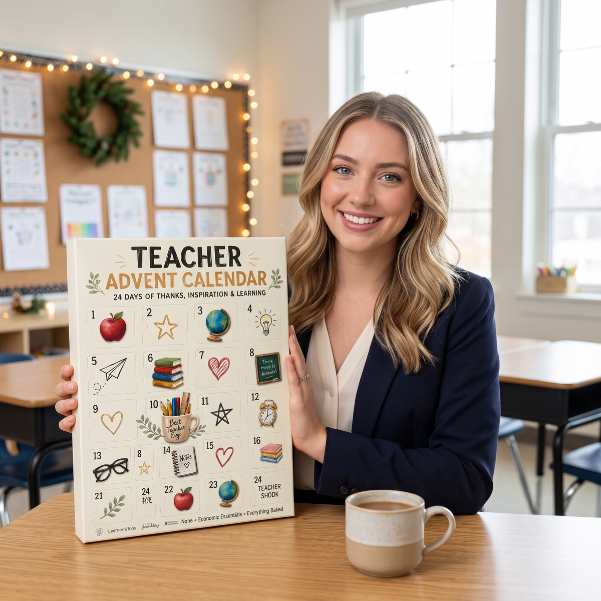 Teacher holding the Teacher Advent Calendar at her classroom desk